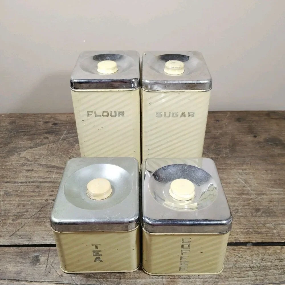 Vintage Lincoln Beautyware Metal Pale Yellow & Chrome Canisters Set 4 Kitchen